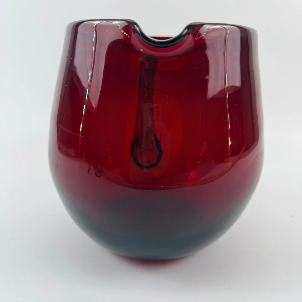 Vintage‎ Hand Blown Ruby Red Glass Pitcher Applied Amber Handle Mid Century